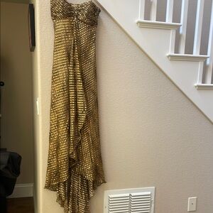 Chetta B Gold metallic chetta print gown with train and wrap